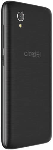 Alcatel 1 smartphone, rear view, black finish with camera and brand name visible