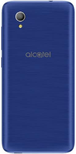 Alcatel 1 smartphone rear view, blue with textured finish and camera lens visible