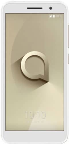 Alcatel 1 smartphone in white, front view with screen displaying the device logo and time 10:10