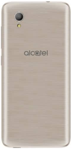 Alcatel 1 smartphone, rear view, showing brushed metal finish back panel with camera lens and branding