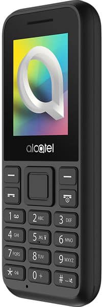 Alcatel 10.66 front view, black phone with colorful gradient display and numeric keypad