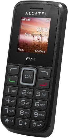 Alcatel 10.10 front view, black mobile phone with small screen displaying time and date, numeric keypad, and physical buttons below screen
