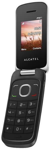 Alcatel 10.30 flip phone, open, showing screen with time and contacts menu on black and silver body