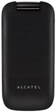 Alcatel 10.30 flip phone, closed, front view showing black textured exterior and silver logo