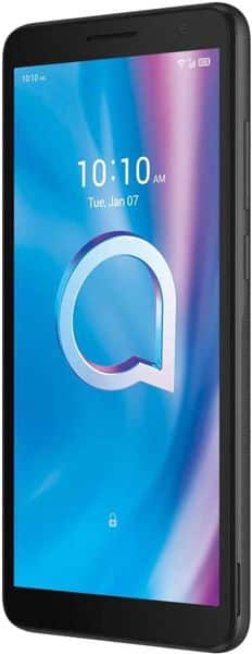 Alcatel 1B smartphone front view, displaying blue and purple gradient wallpaper with time and date on screen