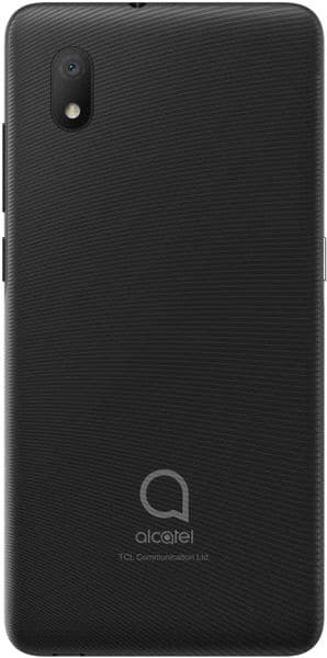 Alcatel 1B rear view, black textured back with single camera lens and Alcatel logo