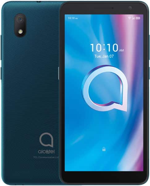 Alcatel 1B smartphone shown from front and back, teal rear with textured finish and camera, black front screen displaying time and date