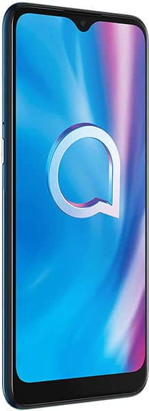 Alcatel 1S (2020) front view, black smartphone with blue and pink gradient display showing Q logo