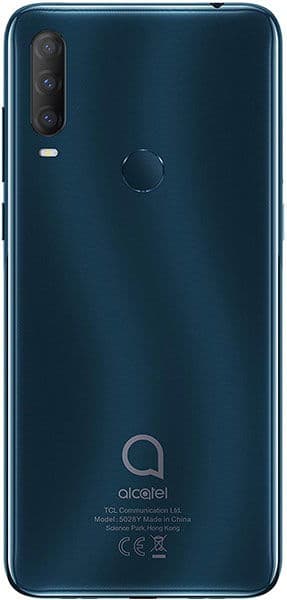 Alcatel 1S (2020) rear view, dark teal finish with triple camera system and fingerprint sensor