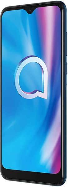 Alcatel 1S (2020) front view with blue-to-pink gradient display showing the letter Q logo