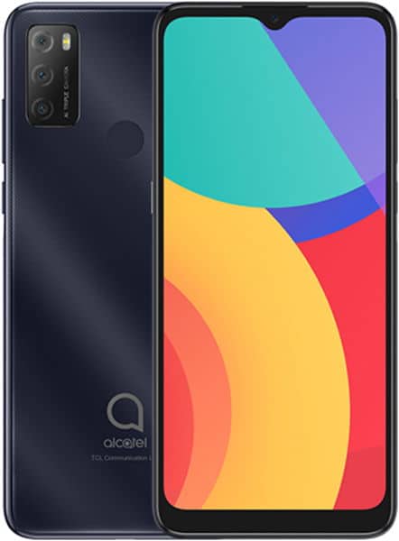 Alcatel 1S (2021) front view displaying colorful wallpaper on screen, with triple rear camera and dark finish visible from the side