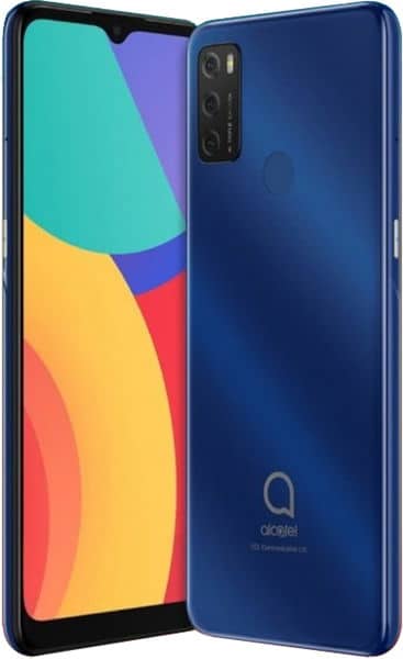 Alcatel 1S (2021) front and rear view, blue phone with colorful diagonal gradient display showing turquoise, yellow, and red sections