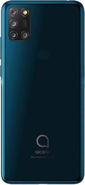 Alcatel 1SE rear view, teal blue phone with quad camera setup and Alcatel logo visible on back