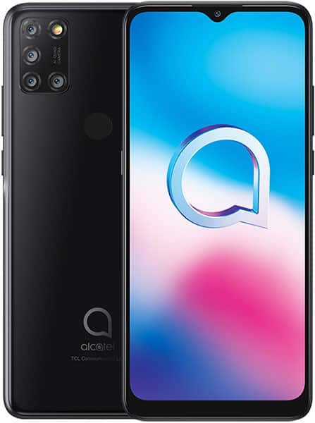 Alcatel 1SE front view showing black body with quad rear cameras and blue-to-pink gradient display with "q" logo