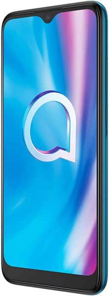 Alcatel 1SE front view, showing blue and pink gradient display with the Alcatel "Q" logo on screen