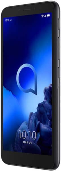 Alcatel 1V (2019) smartphone front view with blue wallpaper and lock screen displaying time 10:10 and date