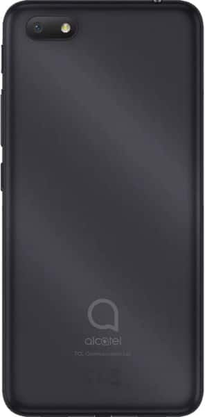 Alcatel 1V (2019) rear view, black smartphone with single camera and LED flash in upper left corner