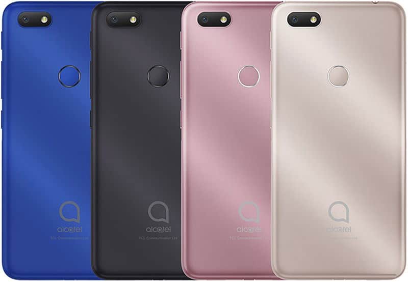 Alcatel 1V (2019) rear view in four color options: blue, black, pink, and white, each with camera and fingerprint sensor
