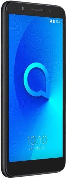 Alcatel 1X smartphone front view with blue display showing home screen and time 10:10