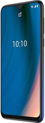 Alcatel 1X (2020) smartphone front view with blue display showing time 10:10, black frame, and gradient wallpaper