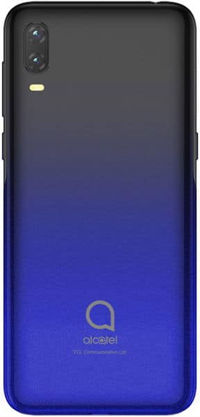 Alcatel 1X (2020) rear view, black fading to blue gradient, dual camera setup upper left, Alcatel logo center bottom