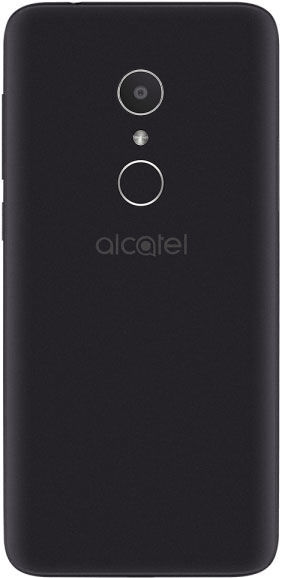 Alcatel 1X rear view, black phone with dual camera lenses and flash centered above Alcatel logo