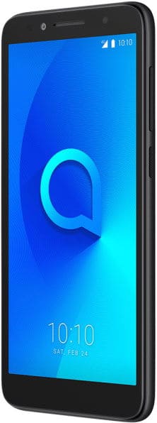 Alcatel 1X smartphone, front view, displaying blue home screen with Q logo and time 10:10