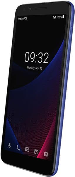 Alcatel 1x Evolve smartphone front view with blue frame, displaying lock screen showing 09:32 time and date Monday, Nov 12