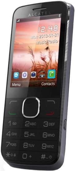 Alcatel 20.05 front view, black candybar phone with color display showing sunset wallpaper and time, numeric keypad below