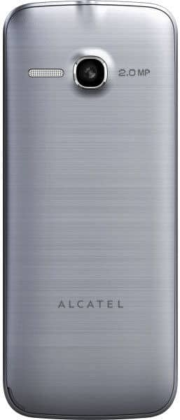 Alcatel 20.05 rear view, silver phone with 2.0 MP camera and brushed metal finish