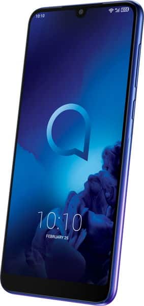 Front view of Alcatel 3 (2019) in blue, showing large display, slim bezels, small notch, 10:10 clock, and Feb 25 date.