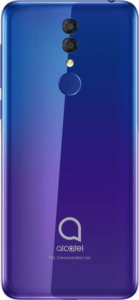 Rear view of blue-purple gradient Alcatel 3 (2019) with dual cameras, flash, fingerprint sensor, and Alcatel logo at bottom.