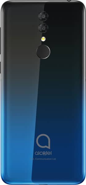 Rear view of Alcatel 3 (2019) in blue gradient with dual cameras, flash, fingerprint sensor, and Alcatel logo at the bottom.