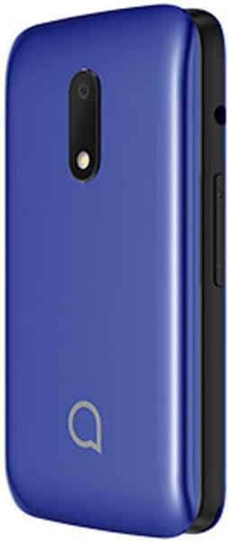 Alcatel 30.25X flip phone in blue, front view showing camera and logo on closed clamshell design