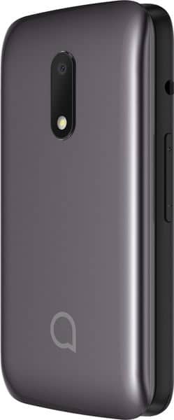 Alcatel 30.25X flip phone, rear view, closed, showing dark gray exterior with camera lens and logo