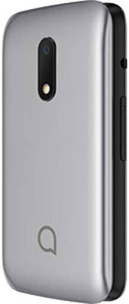 Alcatel 30.25X flip phone, rear view, silver with black accents and camera lens visible