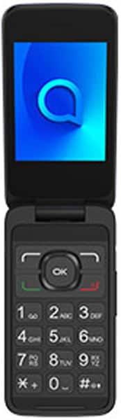 Alcatel 30.25X flip phone, front view with screen displaying blue logo and physical keypad below