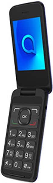 Alcatel 30.25X flip phone, open position, showing blue screen on top display and numeric keypad below