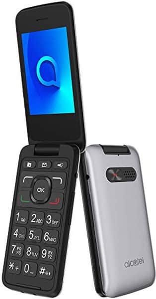 Alcatel 30.25X flip phone, open position showing blue screen with "Q" icon and numeric keypad below, silver and black exterior visible from front and rear angles