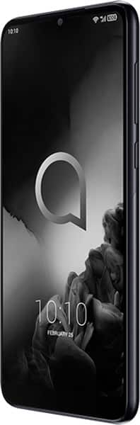 Alcatel 3L (2019) front view, black smartphone displaying lock screen with time 10:10 and mountain landscape wallpaper