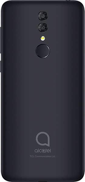 Alcatel 3L (2019) rear view, black smartphone with dual cameras, fingerprint sensor, and Alcatel logo