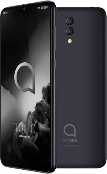 Alcatel 3L (2019) smartphone shown front and rear, with dark screen displaying lock screen and dual rear cameras on black body