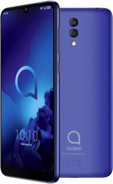 Alcatel 3L (2019) smartphone shown front and rear view, blue body with dual rear cameras, displaying lock screen with time 10:10
