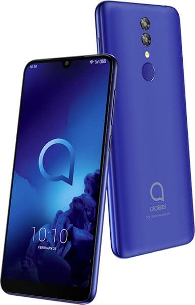 Alcatel 3L (2019) in blue, front and rear views, showing display with time 10:10 and dual rear cameras