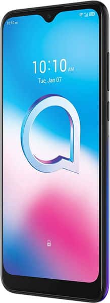 Alcatel 3L (2020) front view with blue and pink gradient display showing time 10:10 and date Tuesday June 07
