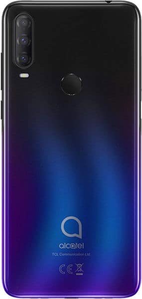 Alcatel 3L (2020) rear view, black to blue-purple gradient back with triple camera array and fingerprint sensor