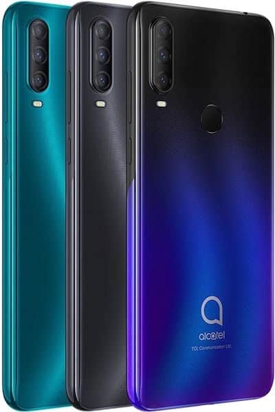 Alcatel 3L (2020) rear view in three color variants: teal, gray, and blue gradient, each showing dual camera setup and fingerprint sensor