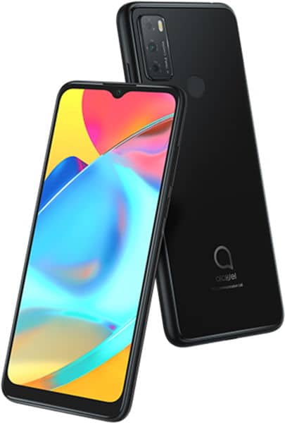 Alcatel 3L (2021) in black shown front and rear; front with colorful display, rear with triple cameras, fingerprint sensor, logo.