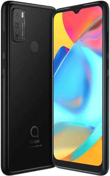 Alcatel 3L (2021) in black, rear view with triple cameras and fingerprint sensor; front view shows screen with teardrop notch.