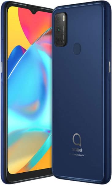 Blue Alcatel 3L (2021) shown front and rear; vibrant display, rear rectangular camera module, and Alcatel logo at bottom.